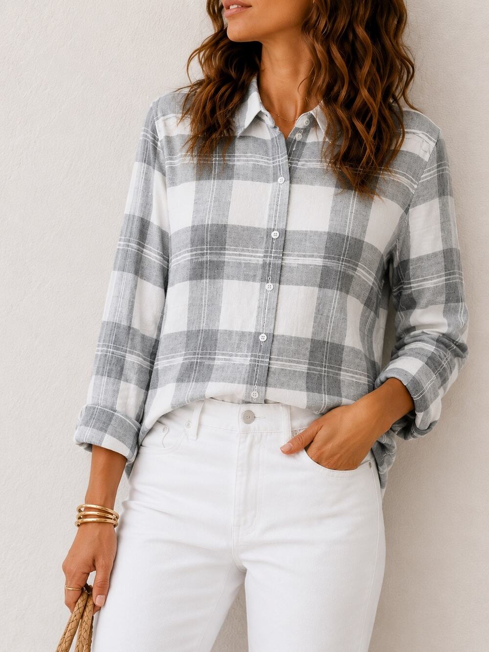TALBOTS Petite Gray White Plaid Button Down Shirt Cotton Metallic | Medium